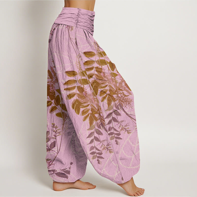 Nimara Ritual Cotton Green Leaves Branches Women's Elastic Waist Harem Pants