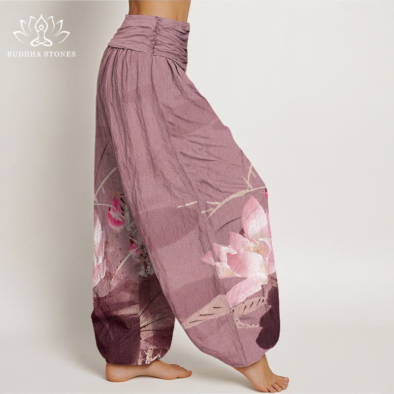 Nimara Ritual Cotton Pink Lotus Leaves Bird Pattern Women's Elastic Waist Harem Pants