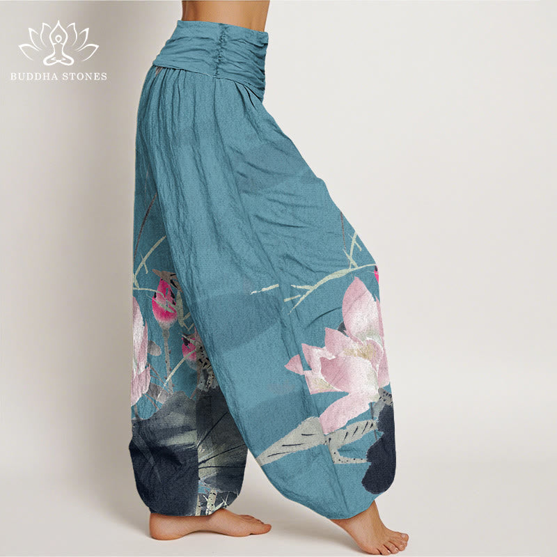 Nimara Ritual Cotton Pink Lotus Leaves Bird Pattern Women's Elastic Waist Harem Pants