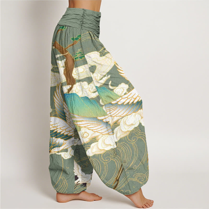 Nimara Ritual Cotton Flying Cranes Auspicious Clouds Tree women's Elastic Waist Harem Pants
