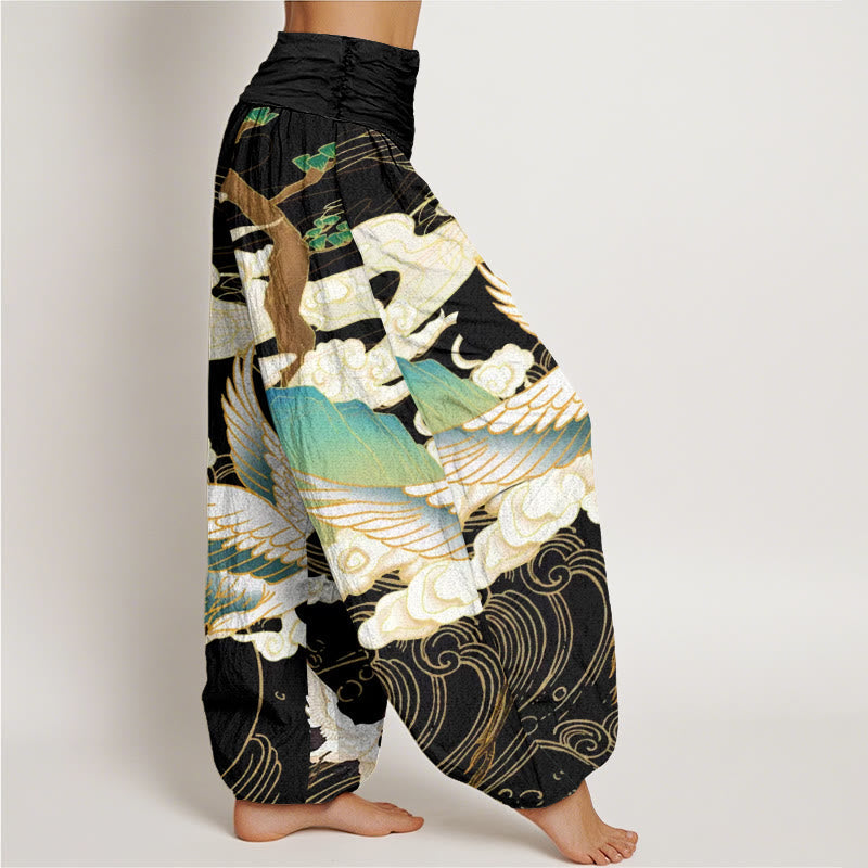 Nimara Ritual Cotton Flying Cranes Auspicious Clouds Tree women's Elastic Waist Harem Pants