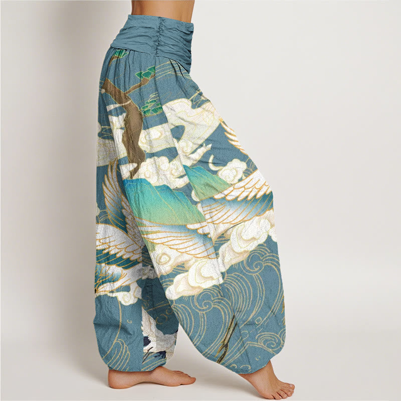 Nimara Ritual Cotton Flying Cranes Auspicious Clouds Tree women's Elastic Waist Harem Pants