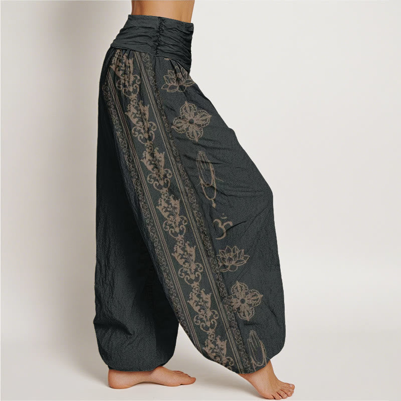 Nimara Ritual Cotton Lotus Flowers Double Dorje Vajra Namaste Om Design Women's Elastic Waist Harem Pants