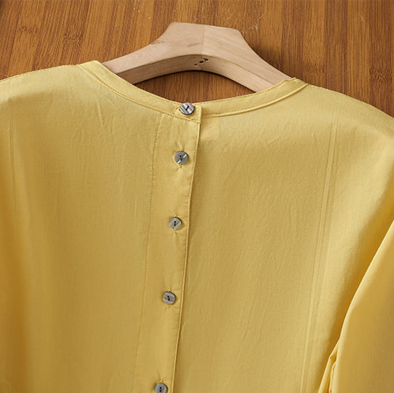 Nimara Ritual Plain Lace Hem Single Breasted Button Cotton Linen Three Quarter Sleeve Women's Crew Neck Shirt