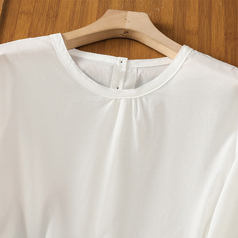 Nimara Ritual Plain Lace Hem Single Breasted Button Cotton Linen Three Quarter Sleeve Women's Crew Neck Shirt