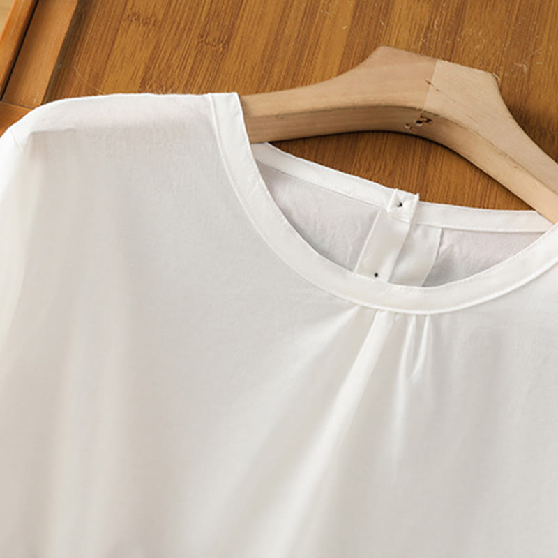 Nimara Ritual Plain Lace Hem Single Breasted Button Cotton Linen Three Quarter Sleeve Women's Crew Neck Shirt