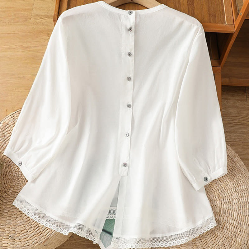 Nimara Ritual Plain Lace Hem Single Breasted Button Cotton Linen Three Quarter Sleeve Women's Crew Neck Shirt
