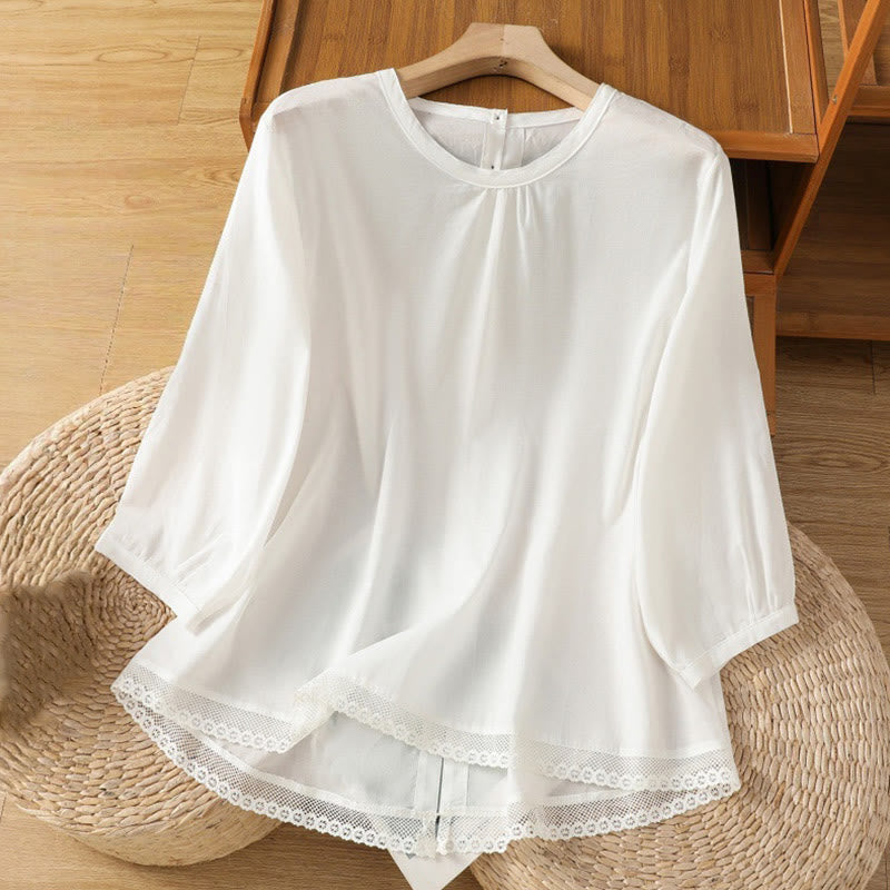 Nimara Ritual Plain Lace Hem Single Breasted Button Cotton Linen Three Quarter Sleeve Women's Crew Neck Shirt