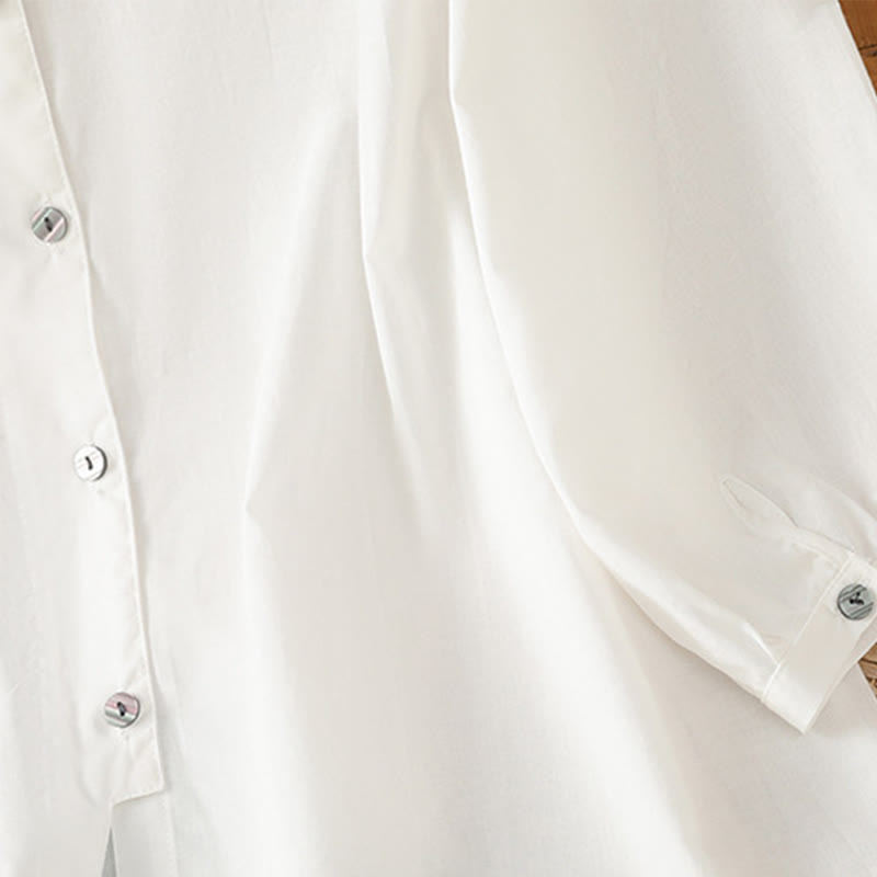 Nimara Ritual Plain Lace Hem Single Breasted Button Cotton Linen Three Quarter Sleeve Women's Crew Neck Shirt