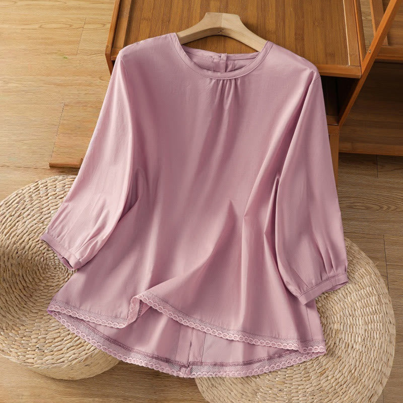 Nimara Ritual Plain Lace Hem Single Breasted Button Cotton Linen Three Quarter Sleeve Women's Crew Neck Shirt