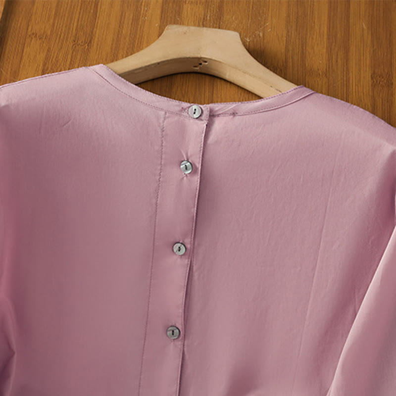 Nimara Ritual Plain Lace Hem Single Breasted Button Cotton Linen Three Quarter Sleeve Women's Crew Neck Shirt