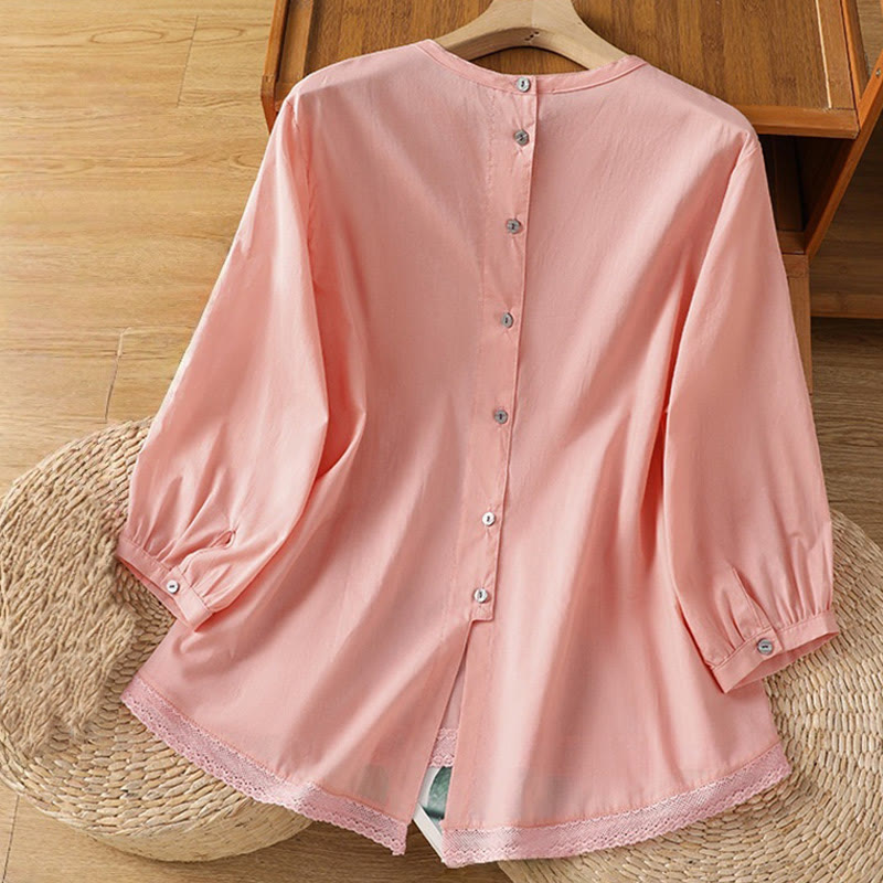 Nimara Ritual Plain Lace Hem Single Breasted Button Cotton Linen Three Quarter Sleeve Women's Crew Neck Shirt