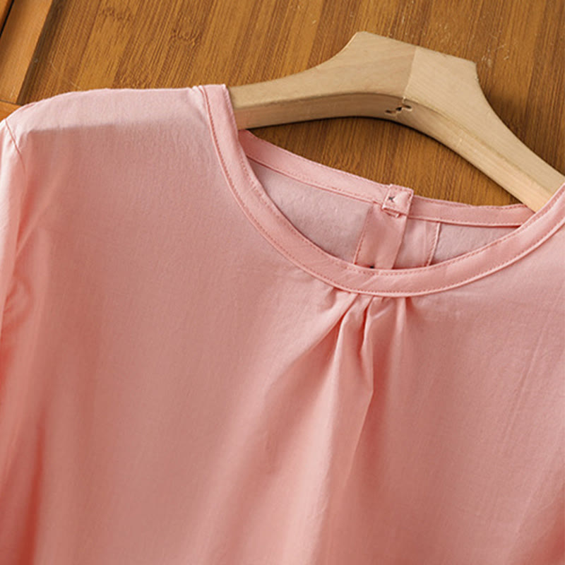 Nimara Ritual Plain Lace Hem Single Breasted Button Cotton Linen Three Quarter Sleeve Women's Crew Neck Shirt