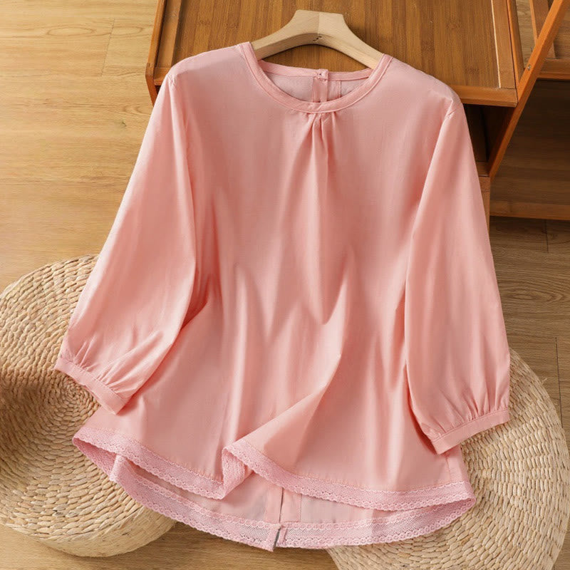 Nimara Ritual Plain Lace Hem Single Breasted Button Cotton Linen Three Quarter Sleeve Women's Crew Neck Shirt