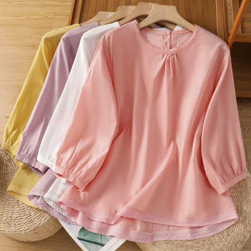 Nimara Ritual Plain Lace Hem Single Breasted Button Cotton Linen Three Quarter Sleeve Women's Crew Neck Shirt