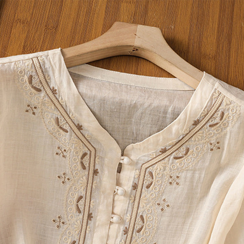 Nimara Ritual Casual Embroidery Frog-Button Polyester Half Sleeve Women's V-neck Shirt