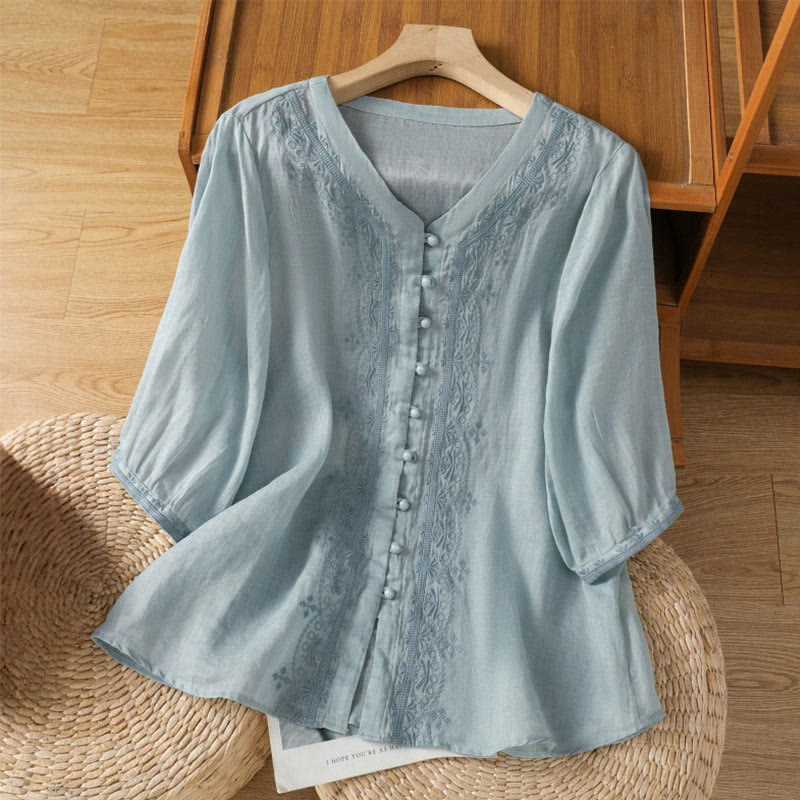 Nimara Ritual Casual Embroidery Frog-Button Polyester Half Sleeve Women's V-neck Shirt
