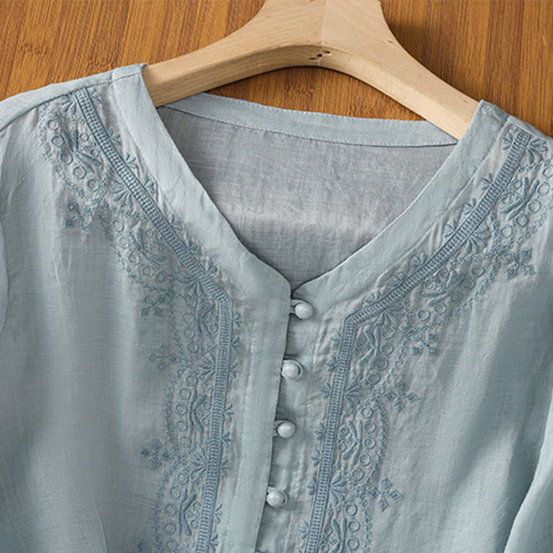 Nimara Ritual Casual Embroidery Frog-Button Polyester Half Sleeve Women's V-neck Shirt