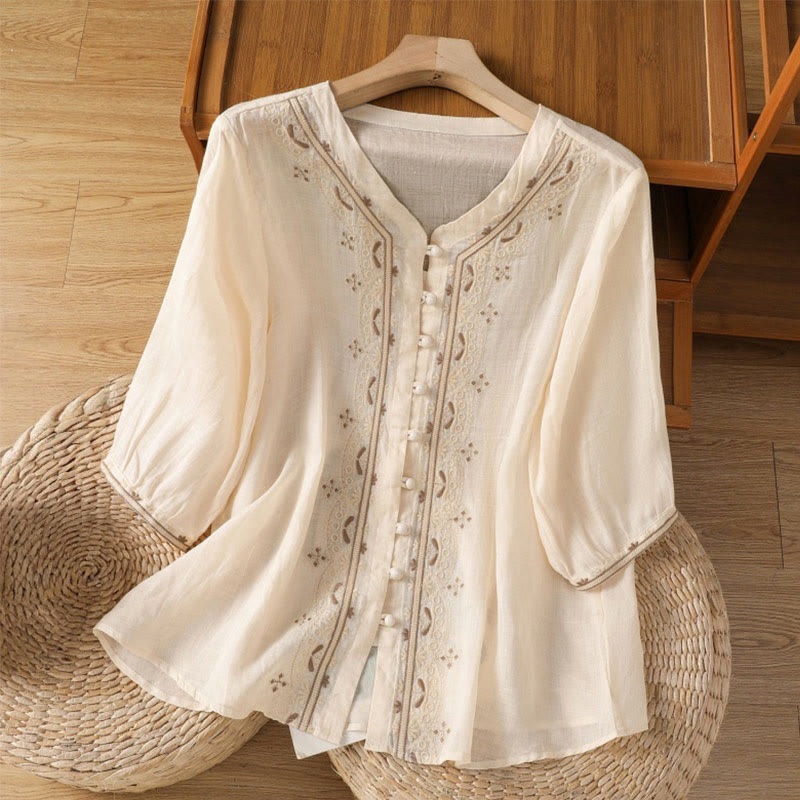 Nimara Ritual Casual Embroidery Frog-Button Polyester Half Sleeve Women's V-neck Shirt