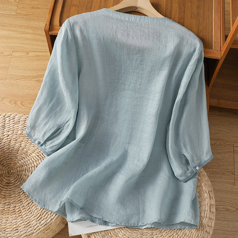 Nimara Ritual Casual Embroidery Frog-Button Polyester Half Sleeve Women's V-neck Shirt