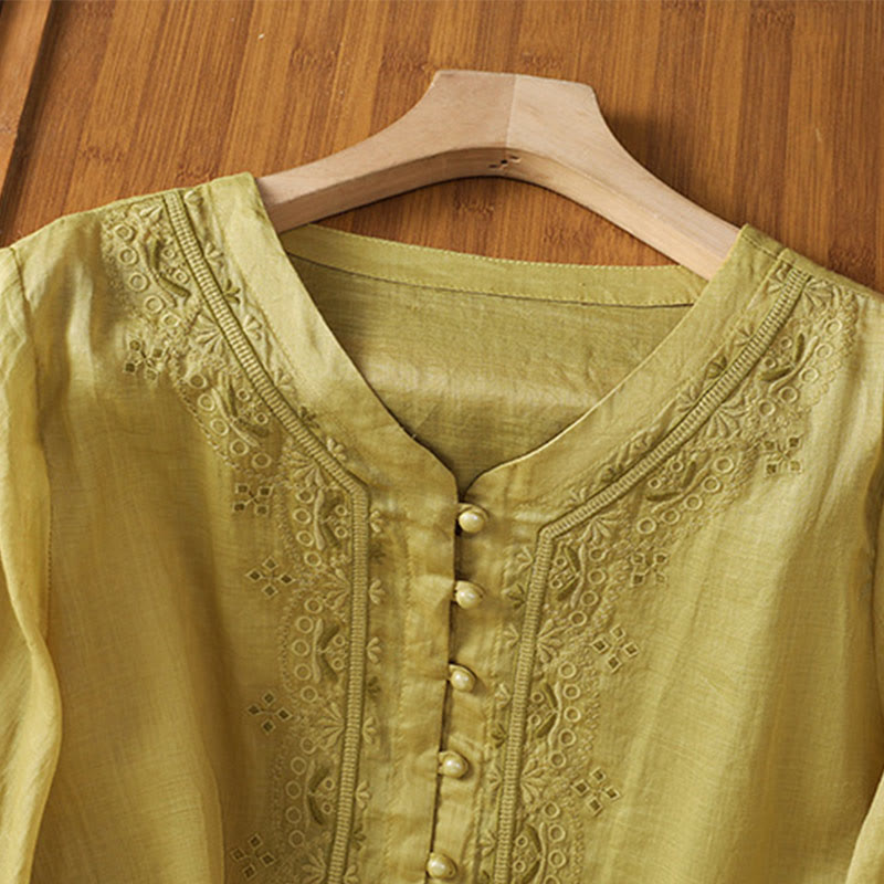 Nimara Ritual Casual Embroidery Frog-Button Polyester Half Sleeve Women's V-neck Shirt
