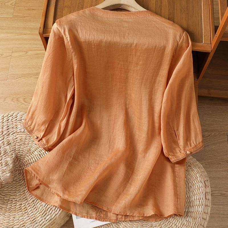 Nimara Ritual Casual Embroidery Frog-Button Polyester Half Sleeve Women's V-neck Shirt
