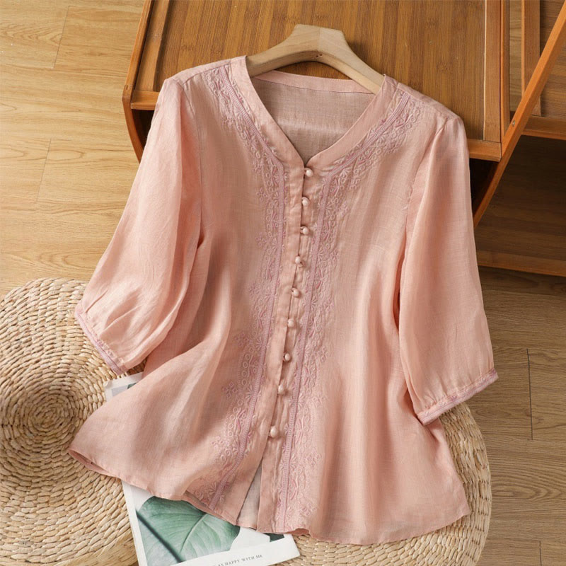 Nimara Ritual Casual Embroidery Frog-Button Polyester Half Sleeve Women's V-neck Shirt