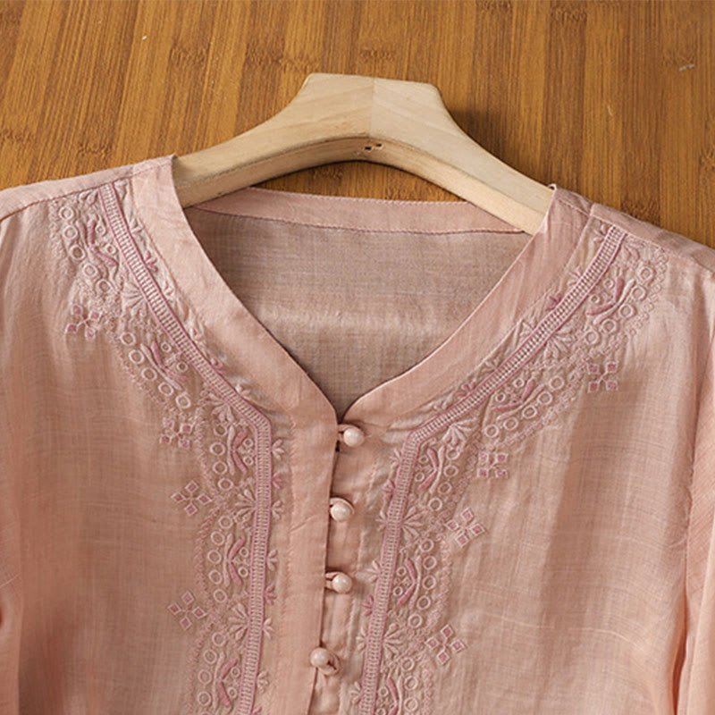 Nimara Ritual Casual Embroidery Frog-Button Polyester Half Sleeve Women's V-neck Shirt