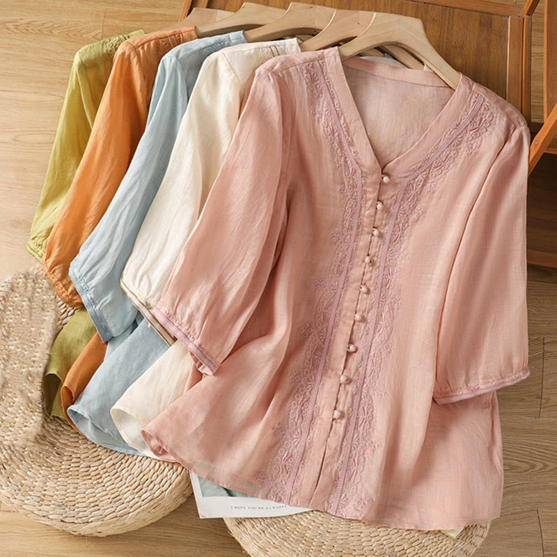 Nimara Ritual Casual Embroidery Frog-Button Polyester Half Sleeve Women's V-neck Shirt