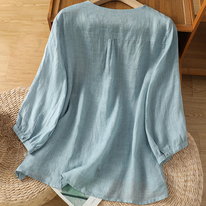 Nimara Ritual Casual Embroidery Single Breasted Button Polyester Half Sleeve Women's V-neck Shirt