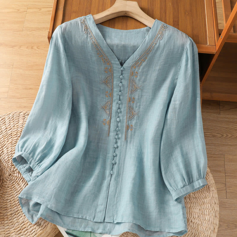 Nimara Ritual Casual Embroidery Single Breasted Button Polyester Half Sleeve Women's V-neck Shirt
