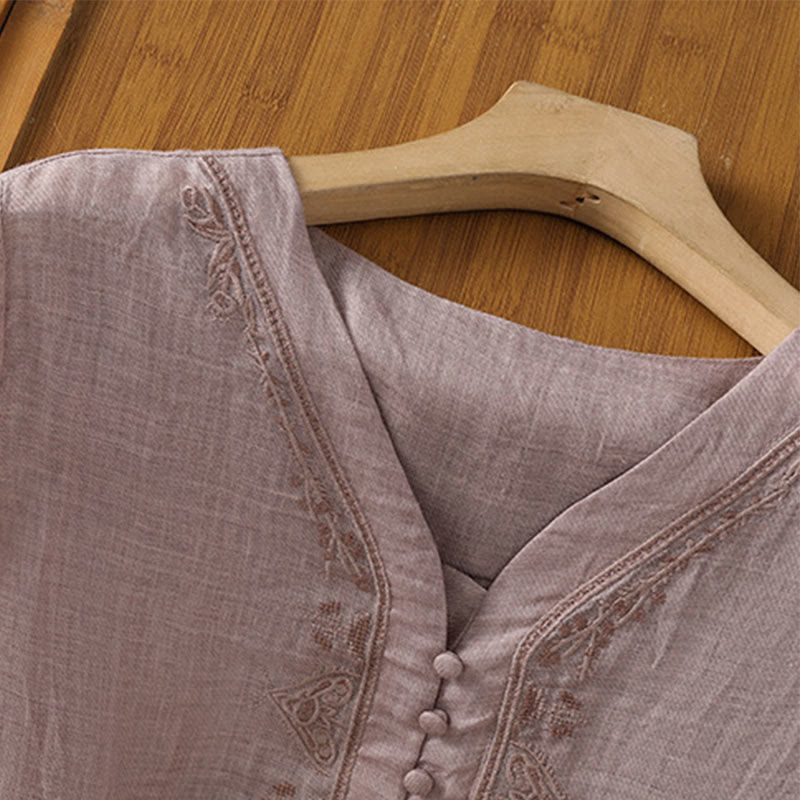 Nimara Ritual Casual Embroidery Single Breasted Button Polyester Half Sleeve Women's V-neck Shirt