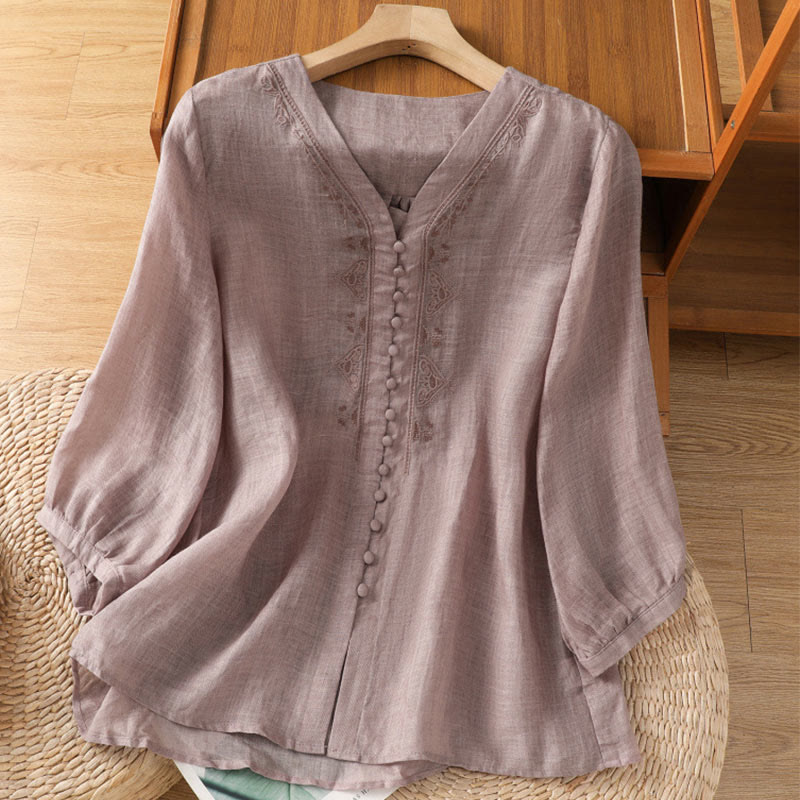 Nimara Ritual Casual Embroidery Single Breasted Button Polyester Half Sleeve Women's V-neck Shirt