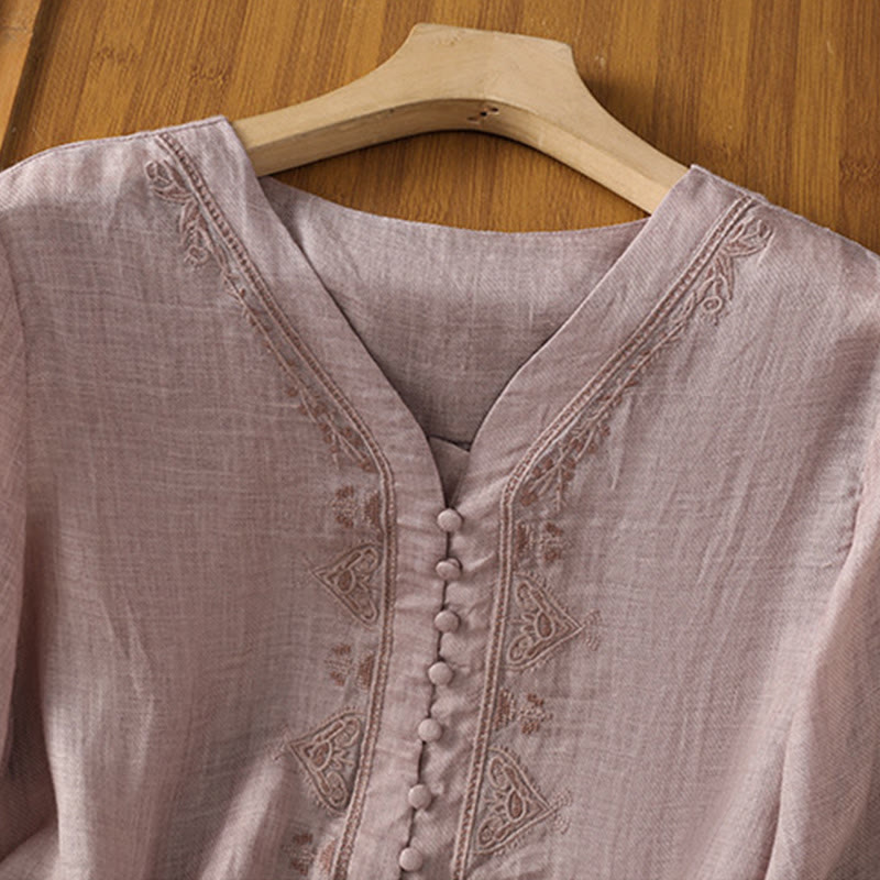 Nimara Ritual Casual Embroidery Single Breasted Button Polyester Half Sleeve Women's V-neck Shirt