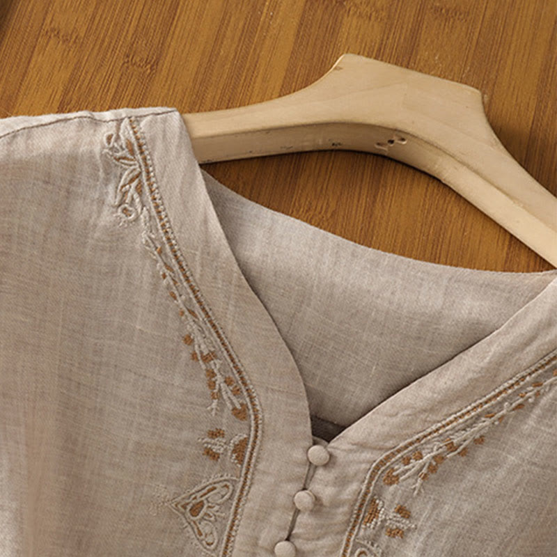 Nimara Ritual Casual Embroidery Single Breasted Button Polyester Half Sleeve Women's V-neck Shirt