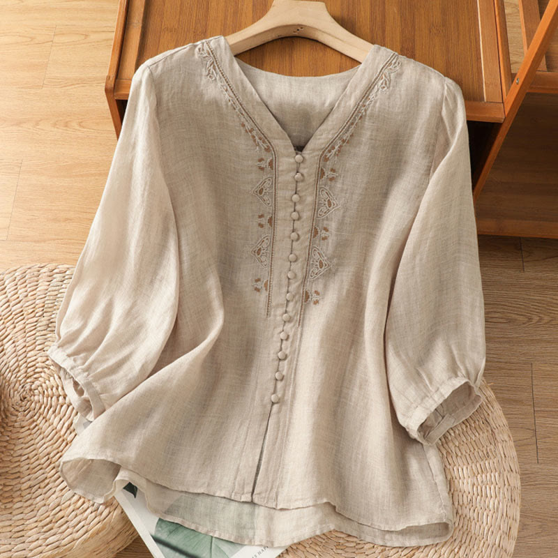 Nimara Ritual Casual Embroidery Single Breasted Button Polyester Half Sleeve Women's V-neck Shirt