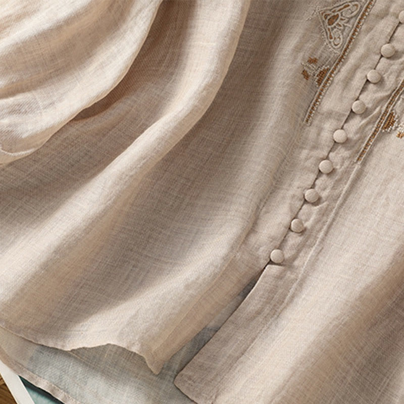 Nimara Ritual Casual Embroidery Single Breasted Button Polyester Half Sleeve Women's V-neck Shirt
