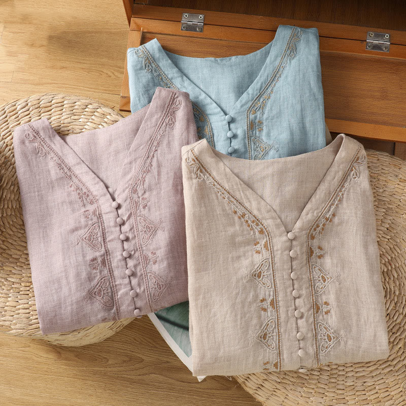 Nimara Ritual Casual Embroidery Single Breasted Button Polyester Half Sleeve Women's V-neck Shirt