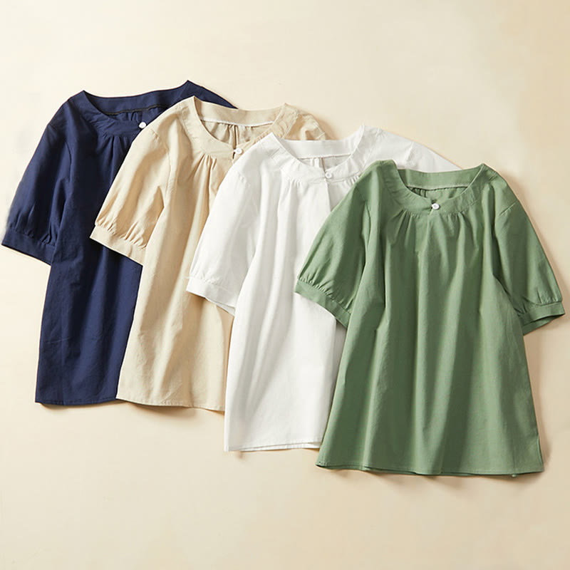 Nimara Ritual Casual Plain Button Women's Short Sleeve Cotton Linen T-shirt