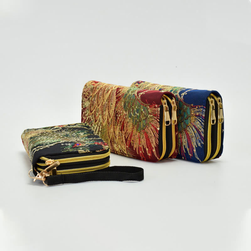 Nimara Ritual Peacock Double-sided Embroidery Cash Holder Wallet Shopping Purse