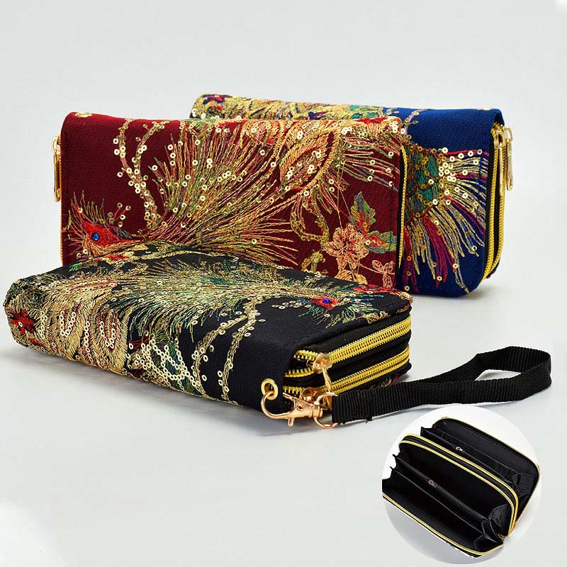 Nimara Ritual Peacock Double-sided Embroidery Cash Holder Wallet Shopping Purse