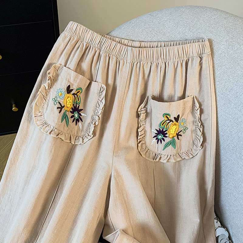 Nimara Ritual Casual Beige Embroidery Women's Wide Leg Cotton Linen Pants With Pockets