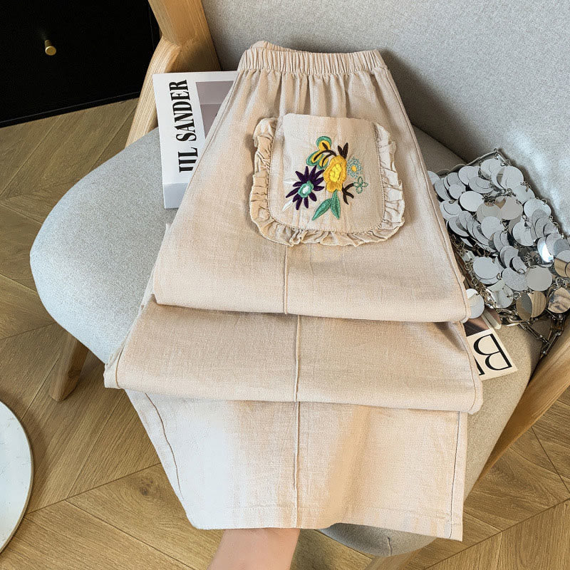Nimara Ritual Casual Beige Embroidery Women's Wide Leg Cotton Linen Pants With Pockets
