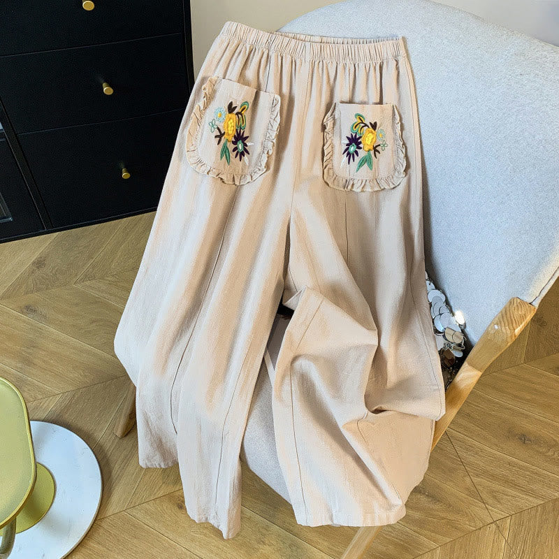 Nimara Ritual Casual Beige Embroidery Women's Wide Leg Cotton Linen Pants With Pockets