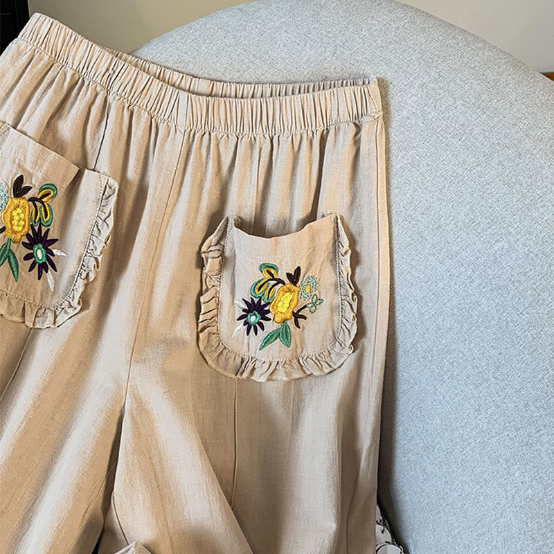 Nimara Ritual Casual Beige Embroidery Women's Wide Leg Cotton Linen Pants With Pockets