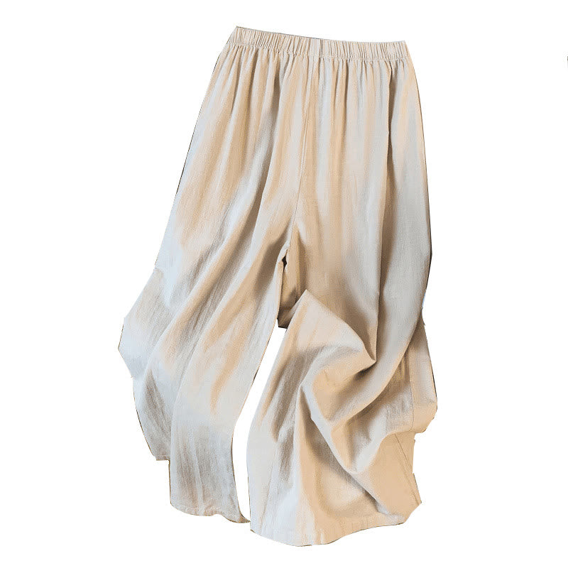Nimara Ritual Casual Beige Embroidery Women's Wide Leg Cotton Linen Pants With Pockets