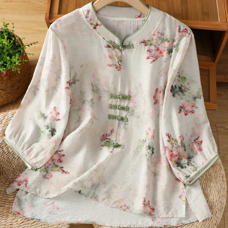 Nimara Ritual Printing Floral Plain Chinese Frog-Button Women's Cotton Three Quarter Sleeve Shirt