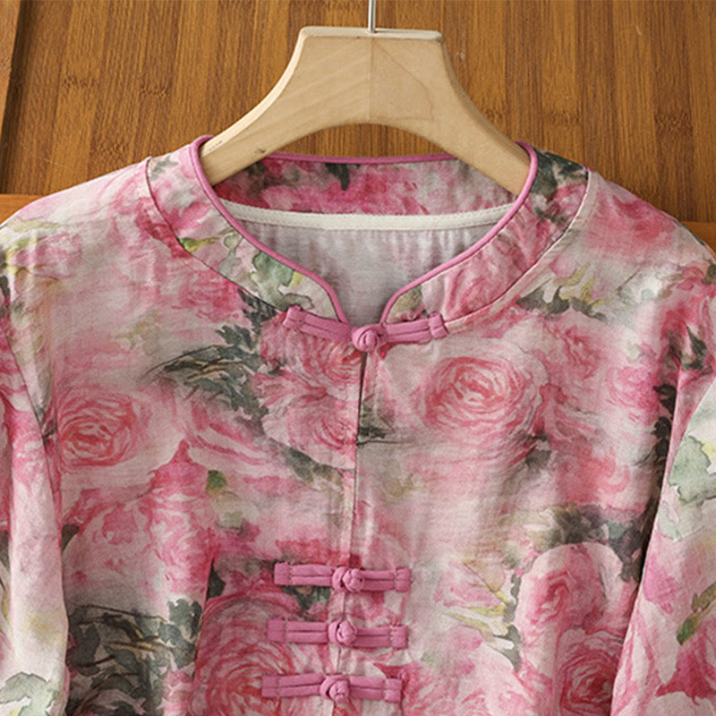 Nimara Ritual Printing Floral Plain Chinese Frog-Button Women's Cotton Three Quarter Sleeve Shirt