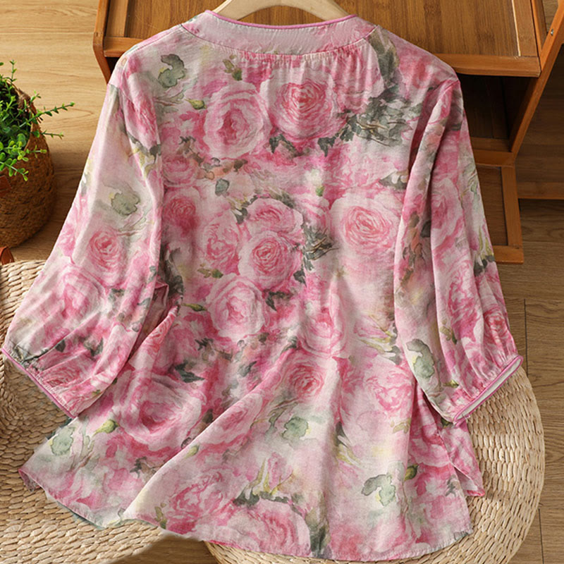 Nimara Ritual Printing Floral Plain Chinese Frog-Button Women's Cotton Three Quarter Sleeve Shirt
