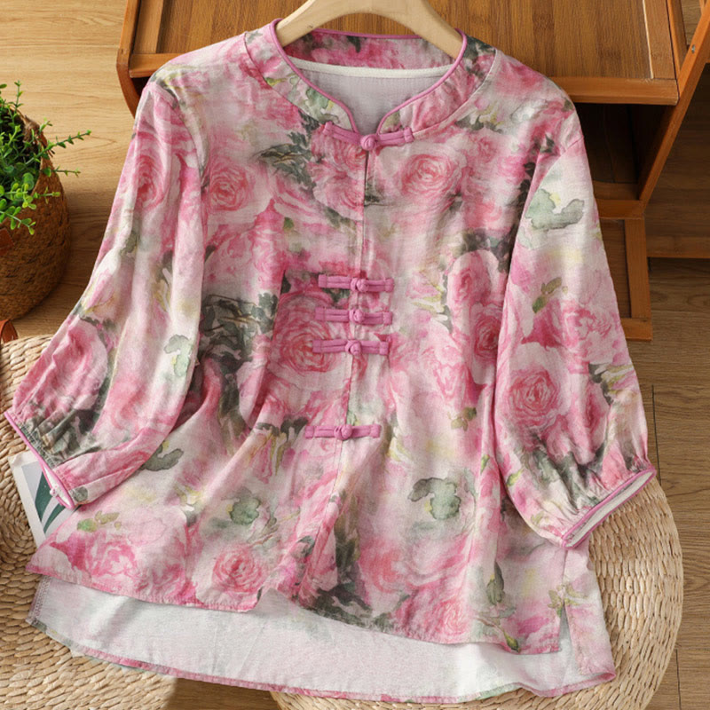Nimara Ritual Printing Floral Plain Chinese Frog-Button Women's Cotton Three Quarter Sleeve Shirt